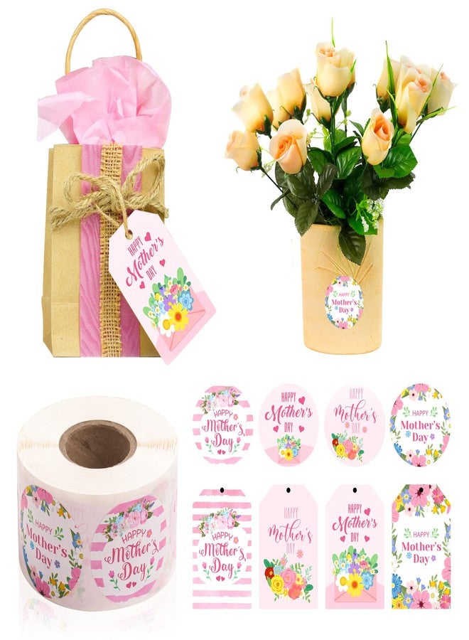 TREACLUB 600PCS Happy Mother's Day Gift Tags and Stickers, 4 Styles Floral Hanging Labels with String 500PCS 1.5” Adhesive Labels for Mother's Day Business Personal Decorative Gift Wrapping - Image 1